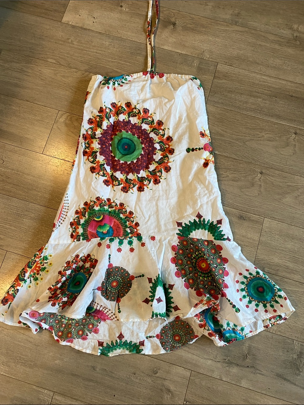Desigual White Halter Mini Dress with Green, Pink and Orange Medallions